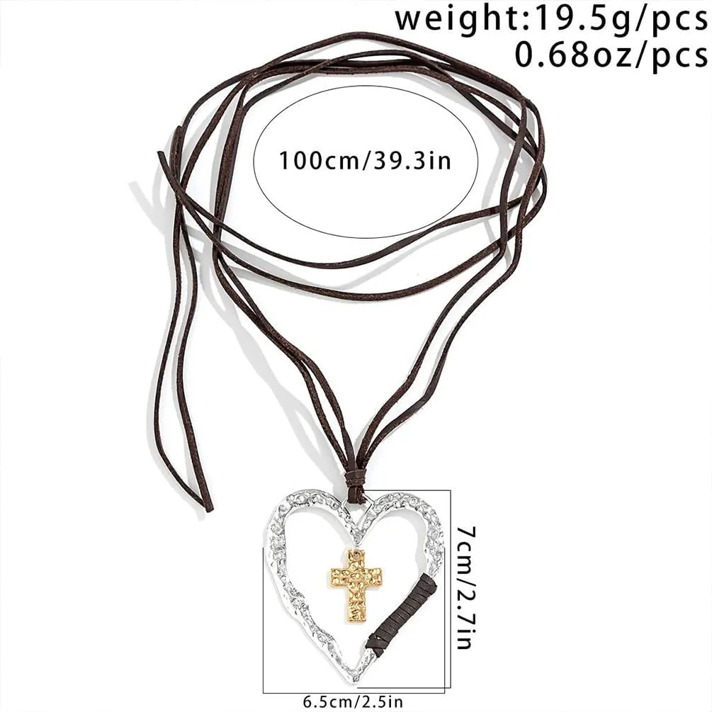 Vintage Large Two Tone Heart Choker Necklace for Women, Trendy Hammered Cross Multi Tiered Love Heart Pendant Necklace Boho Geometric Y2K Jewelry Gift