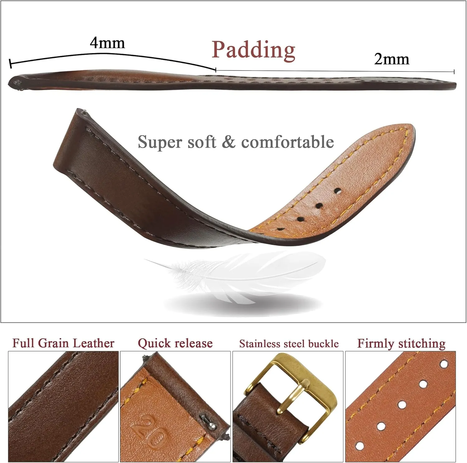 Vintage Leather Watch Band Quick Release Leather Strap For Men Women Handmade Extra Soft Watch Wrist Band Elegant Replacement Stainless Steel Strap 18mm 19mm 20mm 21mm 22mm