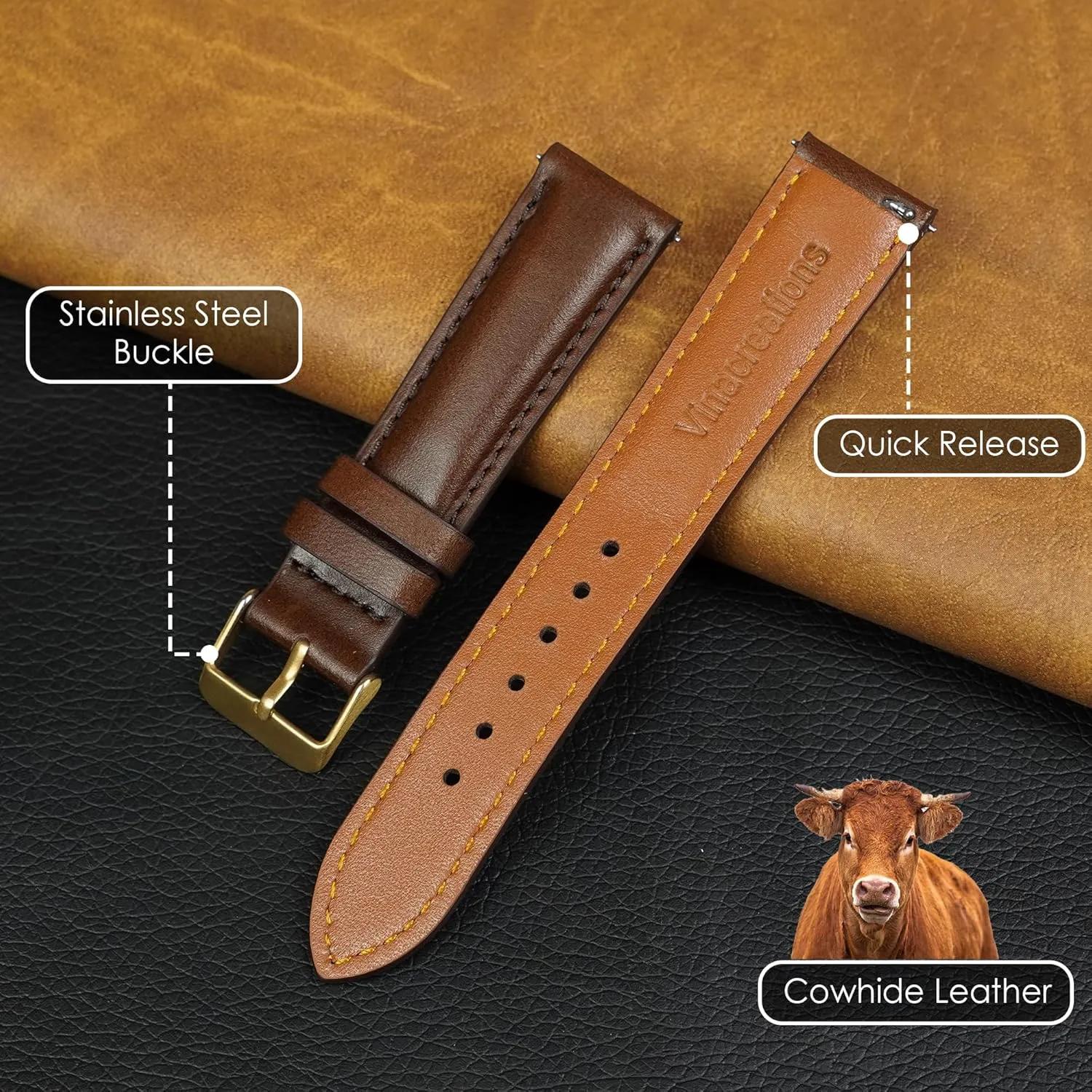 Vintage Leather Watch Band Quick Release Leather Strap For Men Women Handmade Extra Soft Watch Wrist Band Elegant Replacement Stainless Steel Strap 18mm 19mm 20mm 21mm 22mm