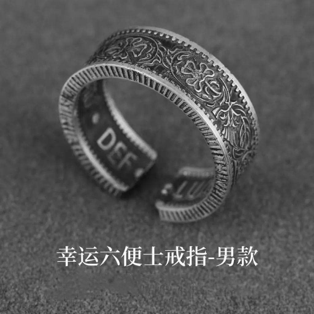 Vintage Lucky Sixpence Couple Adjustable Open Ring His & Hers Real Love Promise Ring Silver Couples Wedding Engagement Bands Top Ring Chunky Finger Bands BFF Gift for Best Friend Lover for Men