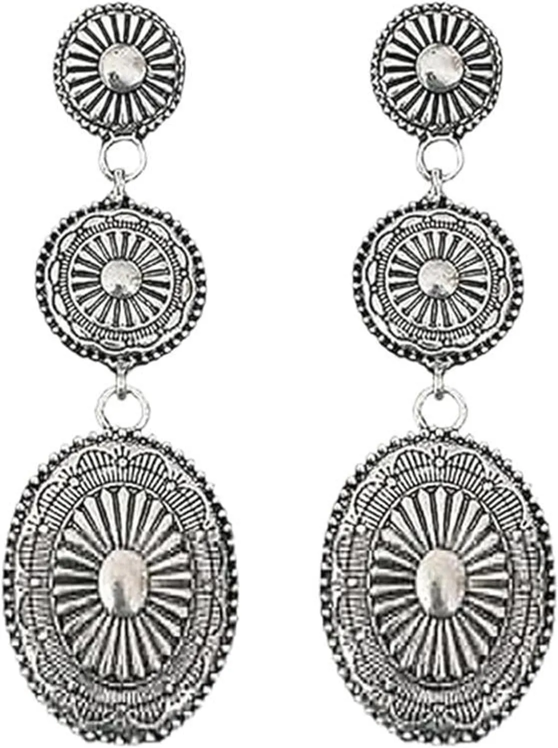 Vintage Silver Disc Sun Pattern Dangle Drop Earrings, Rustic Western Women's Stud Earrings, Boho Ethnic Geometric Round Tribal Jewelry Gift
