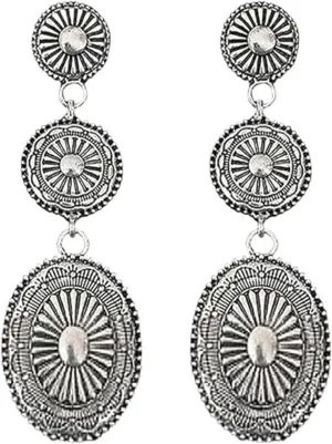 Vintage Silver Disc Sun Pattern Dangle Drop Earrings, Rustic Western Women's Stud Earrings, Boho Ethnic Geometric Round Tribal Jewelry Gift