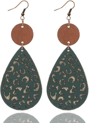 Vintage Western Ethnic Style Hollow Out Geometric Wooden Colorful Lightweight Leather Drop Dangle Earrings Bohemian Retro Statement Jewelry for Women