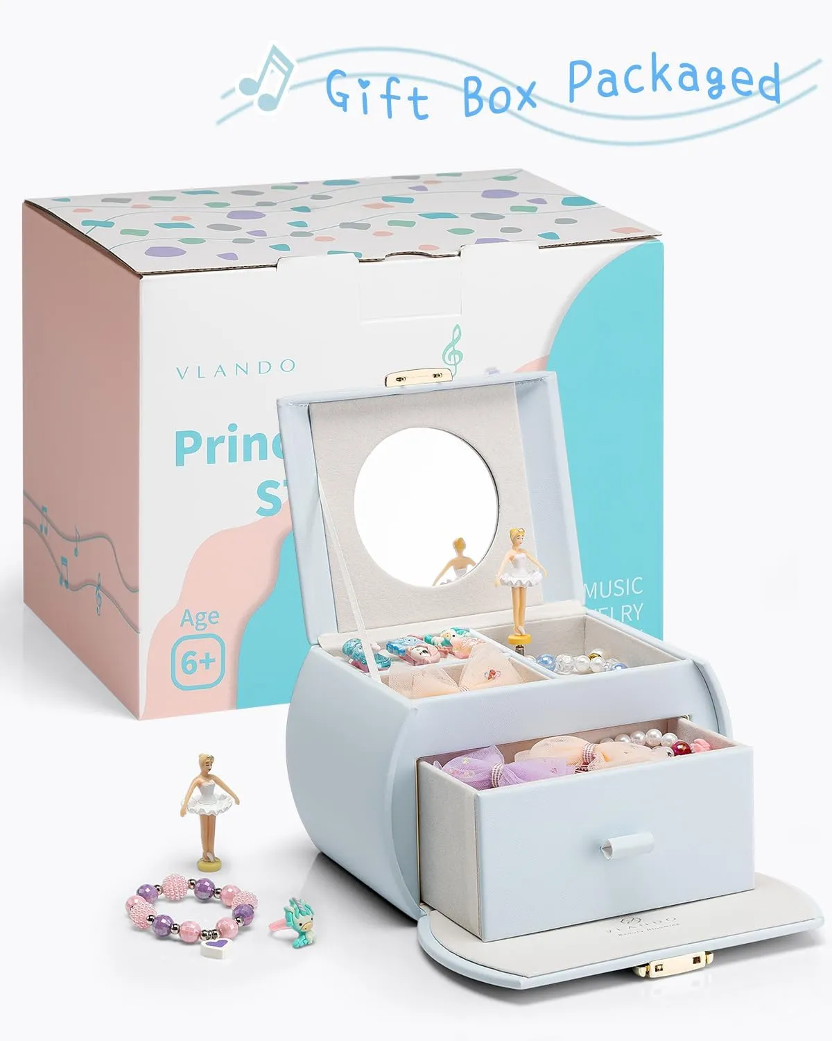 Vlando Kids Musical Jewelry Box for Girls with Drawer, Music Box with Ballerina and Stickers for Birthday Bedroom Decor, Gifts for Girls Kids - Light Blue