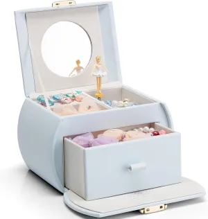 Vlando Kids Musical Jewelry Box for Girls with Drawer, Music Box with Ballerina and Stickers for Birthday Bedroom Decor, Gifts for Girls Kids - Light Blue