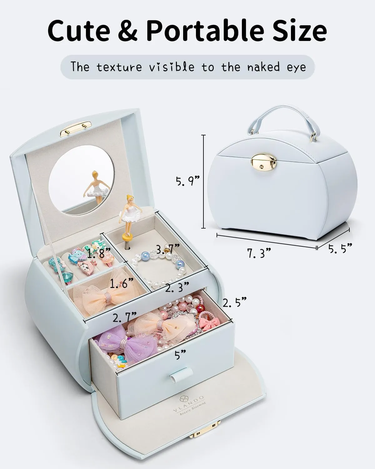 Vlando Kids Musical Jewelry Box for Girls with Drawer, Music Box with Ballerina and Stickers for Birthday Bedroom Decor, Gifts for Girls Kids - Light Blue