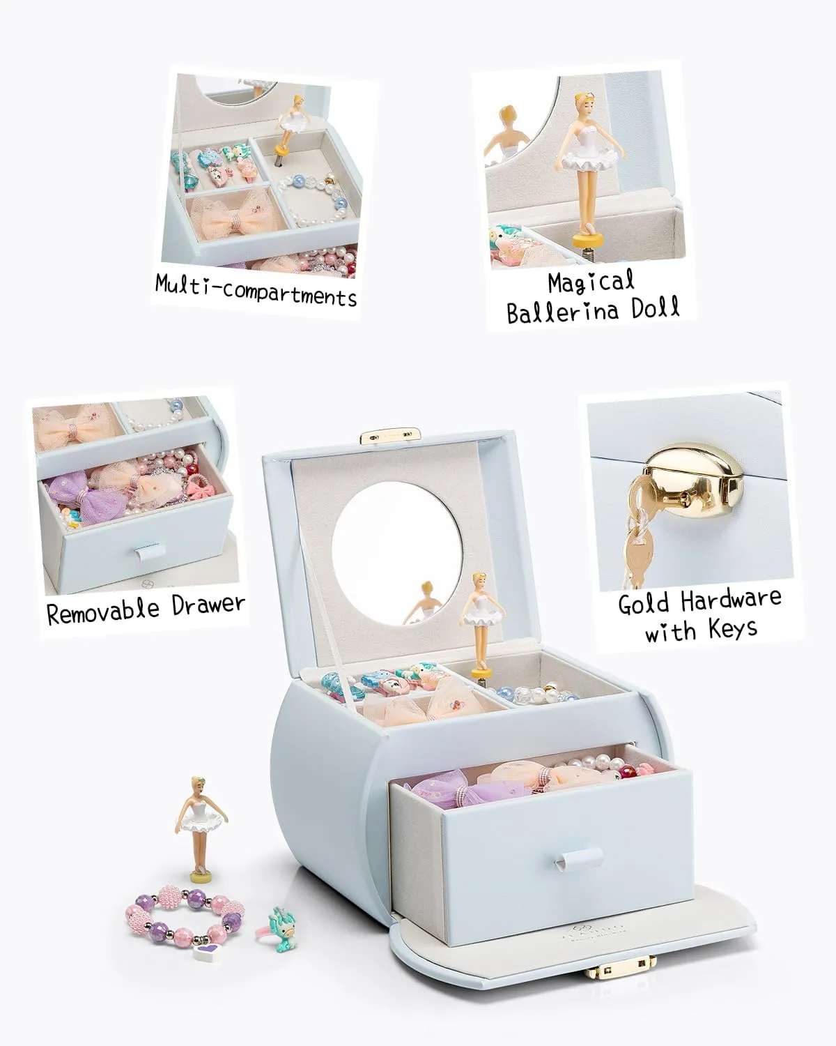 Vlando Kids Musical Jewelry Box for Girls with Drawer, Music Box with Ballerina and Stickers for Birthday Bedroom Decor, Gifts for Girls Kids - Light Blue
