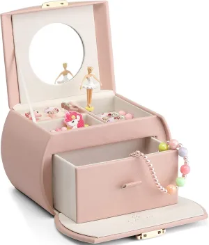 Vlando Kids Musical Jewelry Box for Girls with Drawer, Music Box with Ballerina and Stickers for Birthday Bedroom Decor, Gifts for Girls Kids - Pink
