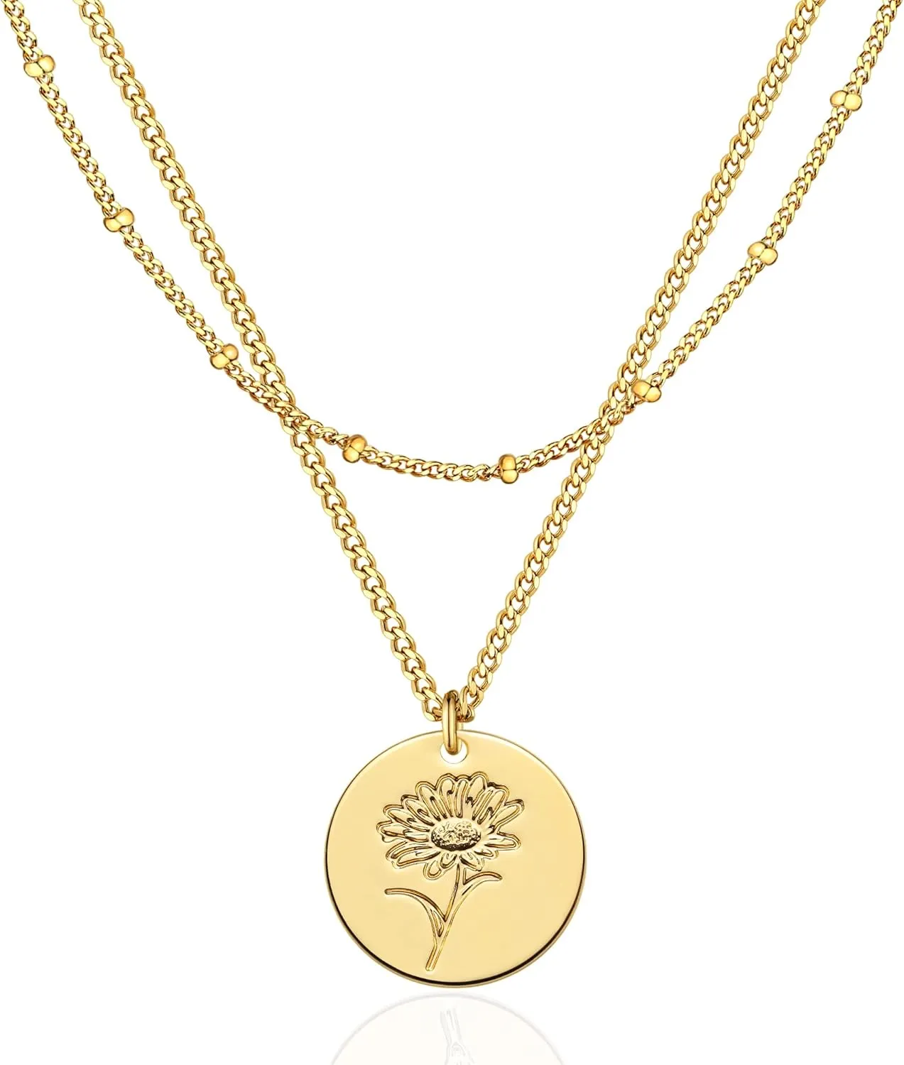 WEARON Birth Flower Necklace 18K Gold Plated Dainty Birth Month Flower Layered Pendant Necklace Bead Choker Necklace for Women