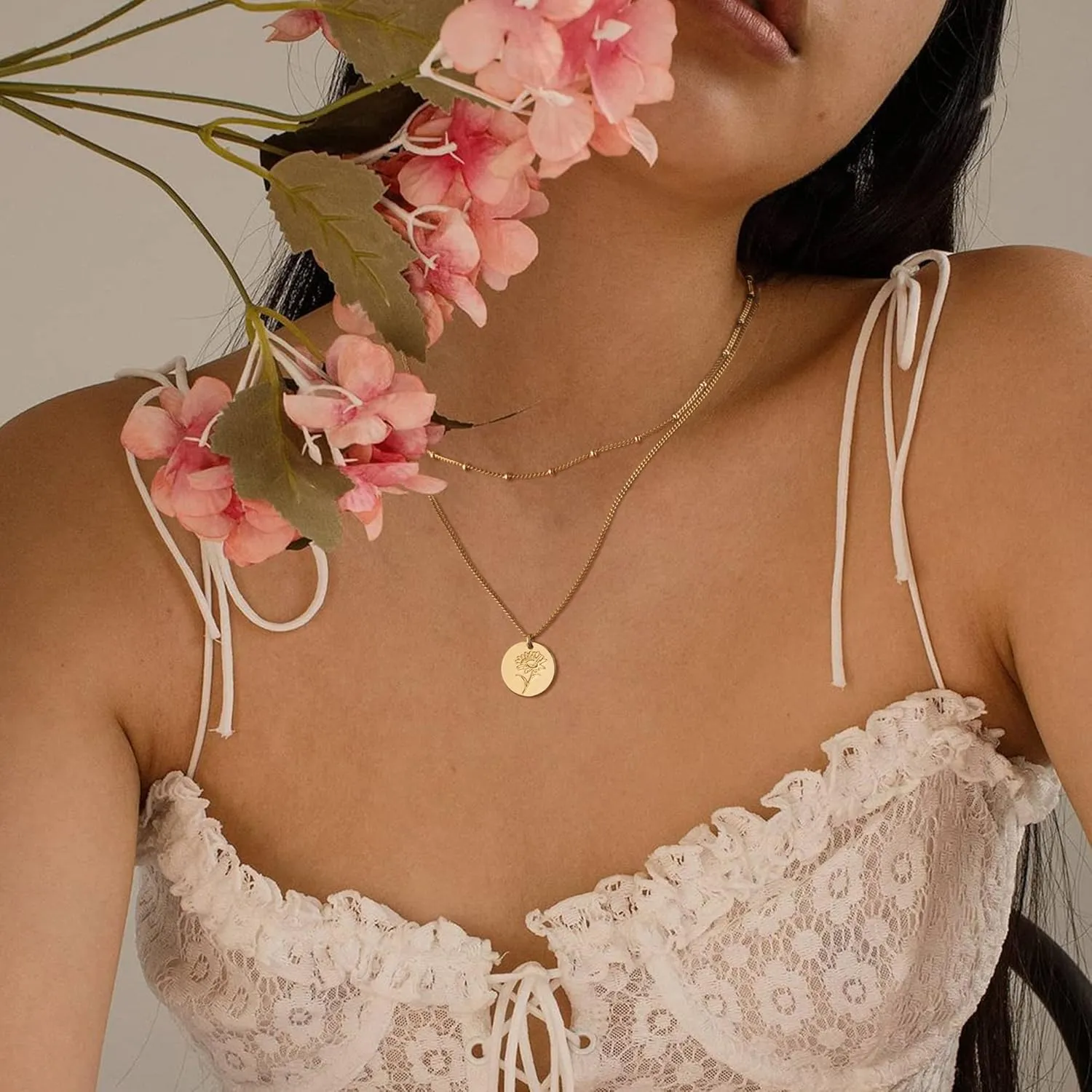 WEARON Birth Flower Necklace 18K Gold Plated Dainty Birth Month Flower Layered Pendant Necklace Bead Choker Necklace for Women