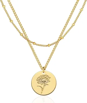 WEARON Birth Flower Necklace 18K Gold Plated Dainty Birth Month Flower Layered Pendant Necklace Bead Choker Necklace for Women