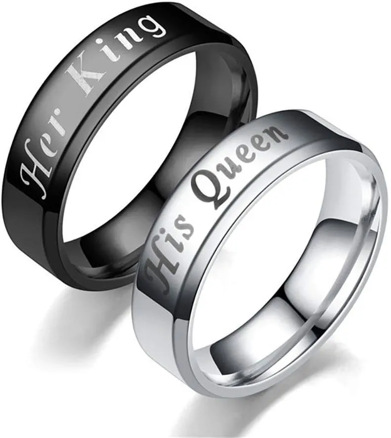 Wedding Bands for Men or Women by Ginger Lyne | Choice of Her King Black or His Queen Silver Stainless Steel Bridal Rings for Couples Matching Wedding Band Ring | Pack of 1 Each