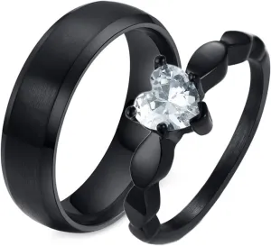 Wedding Bands Gold Plated, Black Stainless Steel Cubic Zirconia Heart Brushed Engarved Couple Rings Wedding Bands