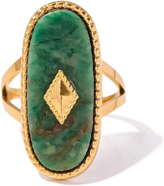 Western Chunky Natural Lapis Lazuli/African Jade Statement Rings, 10 * 25MM Cut Gemstone 18K Gold Plated Exaggerated Resizable Rings, Stackable Fashion Ring for Women