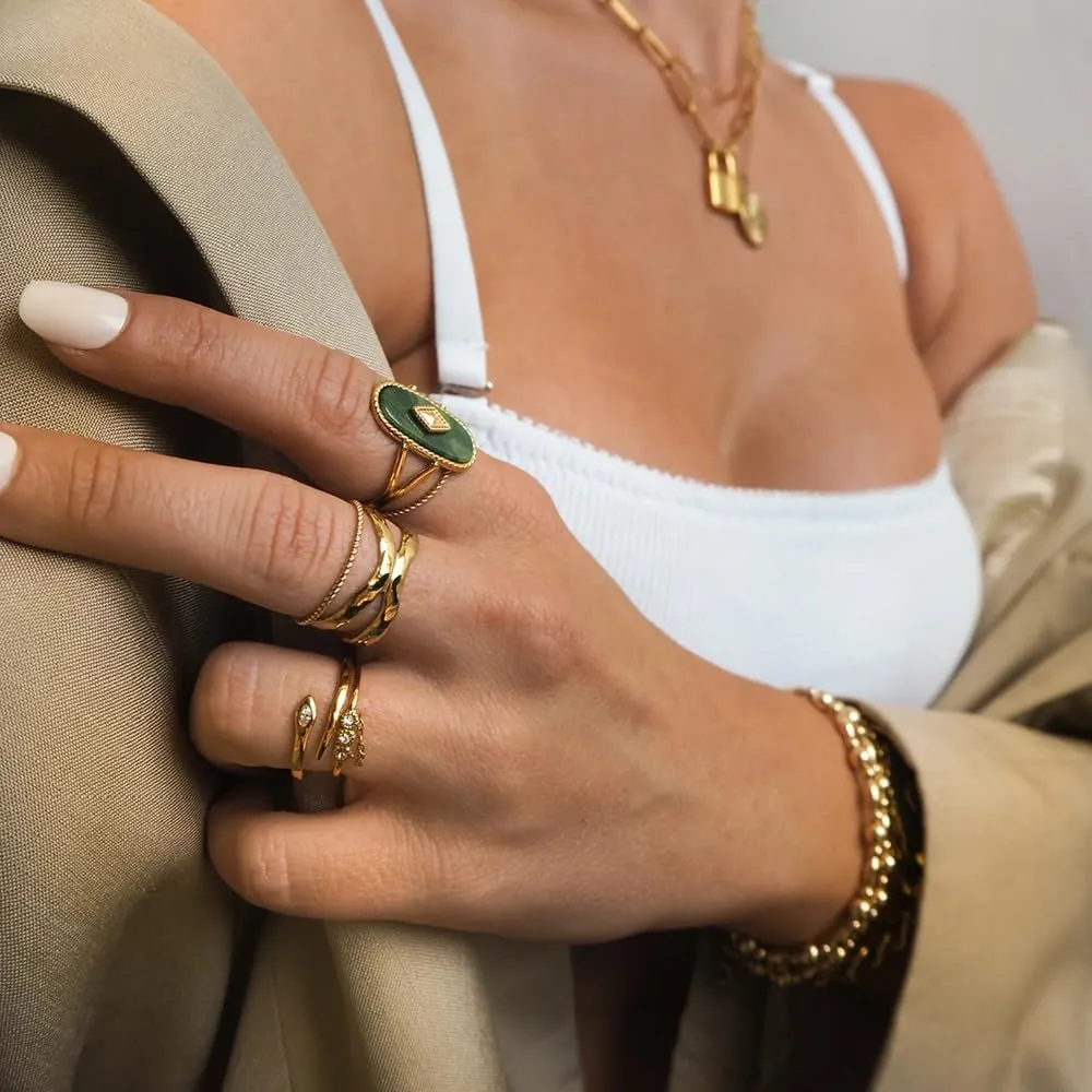 Western Chunky Natural Lapis Lazuli/African Jade Statement Rings, 10 * 25MM Cut Gemstone 18K Gold Plated Exaggerated Resizable Rings, Stackable Fashion Ring for Women