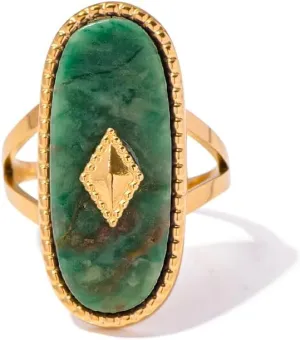 Western Chunky Natural Lapis Lazuli/African Jade Statement Rings, 10 * 25MM Cut Gemstone 18K Gold Plated Exaggerated Resizable Rings, Stackable Fashion Ring for Women