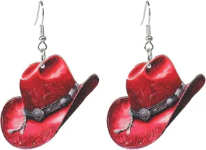 Western Cow Fedora Hat Earrings Boho Wooden Cowgirl Cowboy Hat Rodeo Boot Drop Dangle Preppy Lightweight Western Earrings for Women Ladies