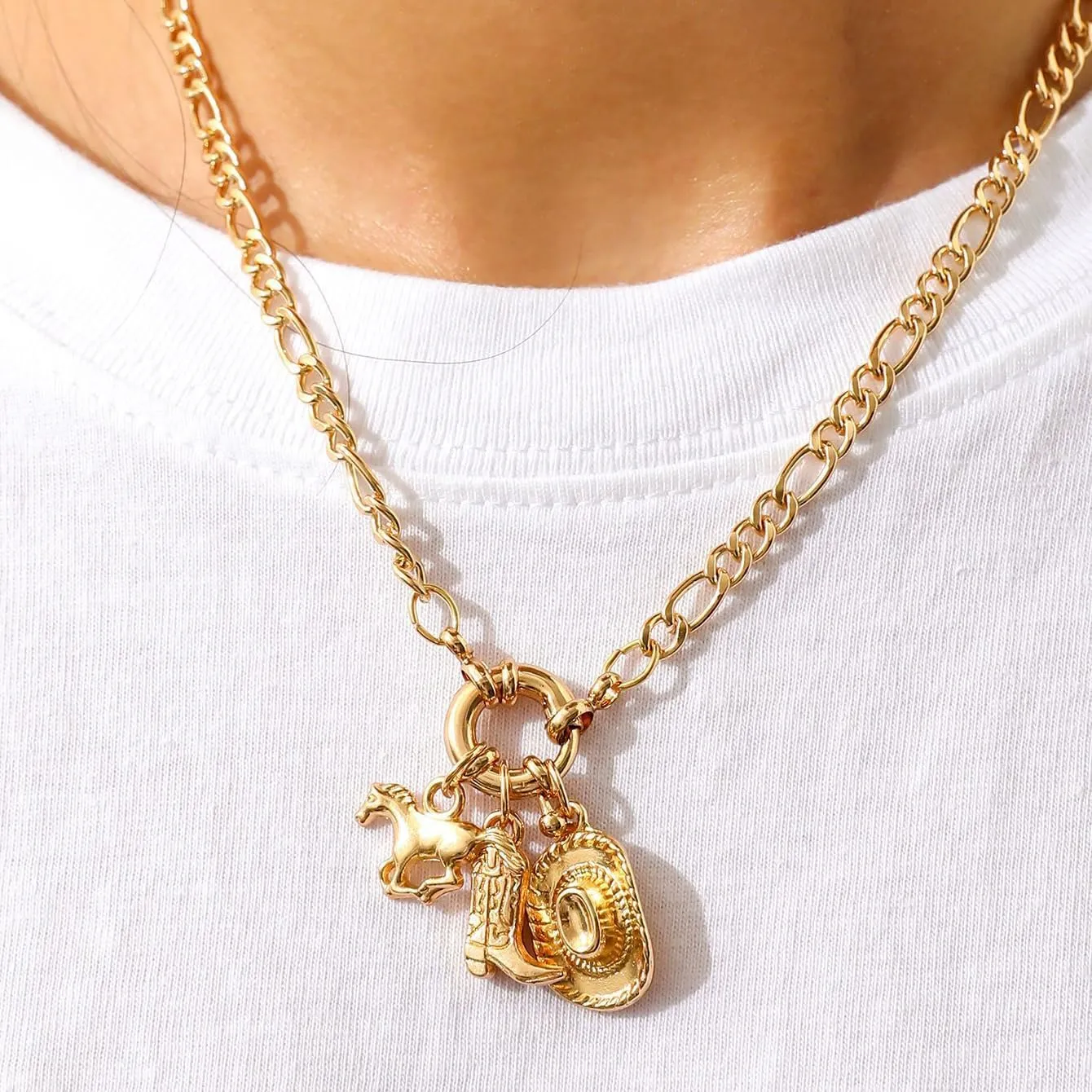 Western Cowboy Necklaces for Women Trendy Cowgirl Hat Boots Charm Gold Chain Necklace Western Cowgirl Costume Jewelry Cowboy Hat Boot Pendant Necklace for Women