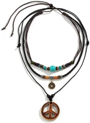 Western Layered Boho Necklace Wood Beads Choker Necklace Adjustable Vintage Leather Necklace for Women