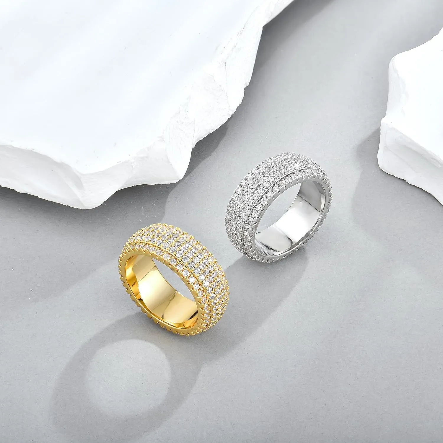 Wibasl 14K Gold Plated Men's Ring With Cubic Zirconia Diamonds Iced Out Anniversary Bling Silver Band Pinky Mens Rings Fashion,Size6-12