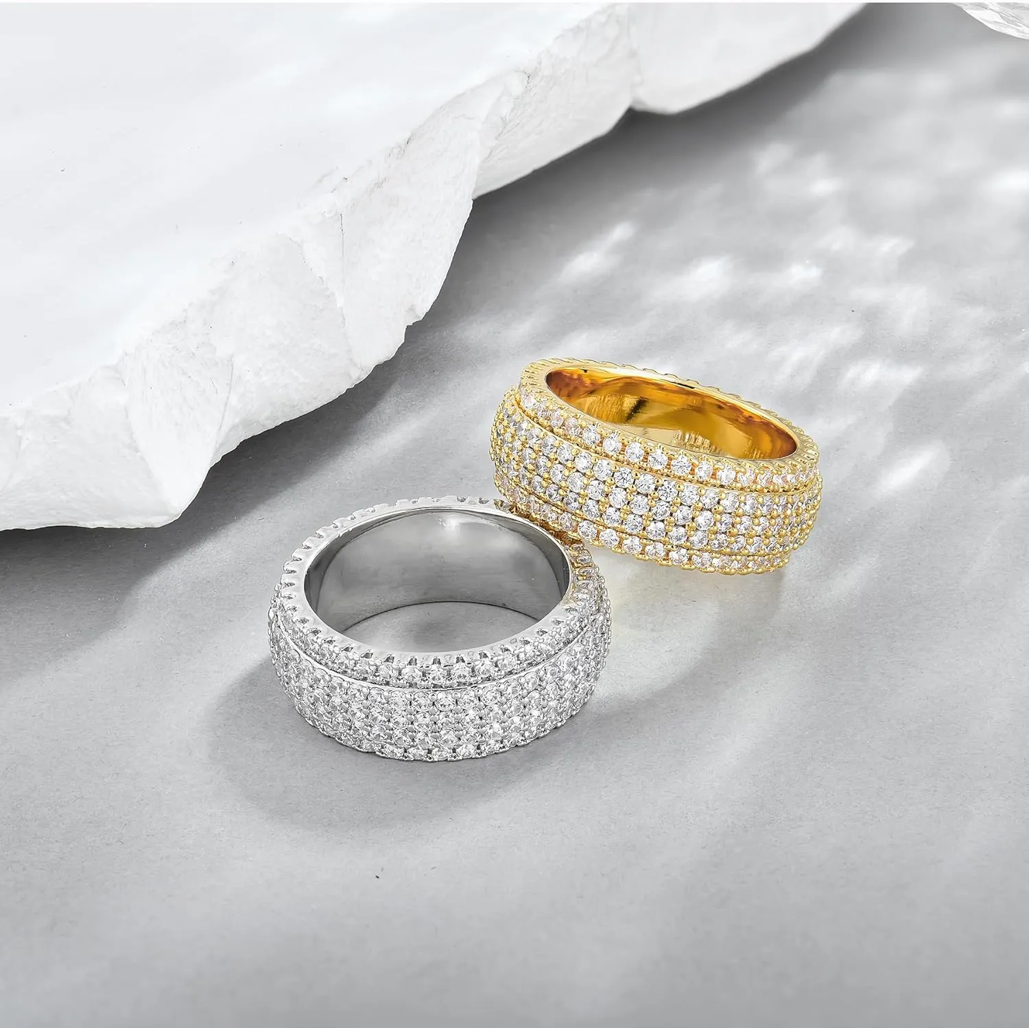Wibasl 14K Gold Plated Men's Ring With Cubic Zirconia Diamonds Iced Out Anniversary Bling Silver Band Pinky Mens Rings Fashion,Size6-12
