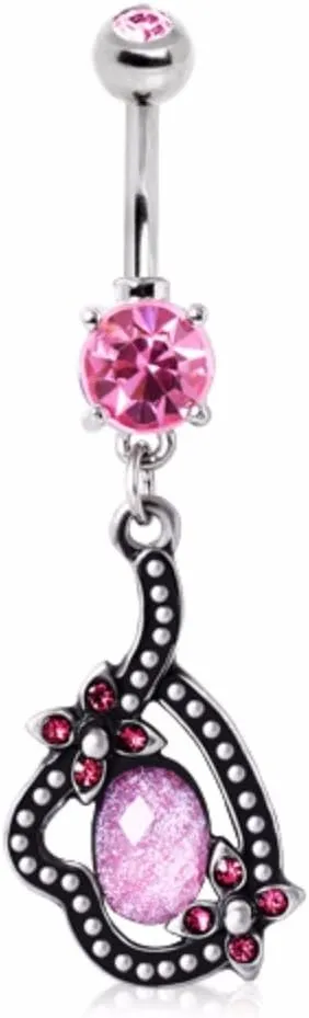 WildKlass Jewelry 316L Surgical Steel Floral Path Dangle Navel Ring with Pink Synthetic Opal and Gems