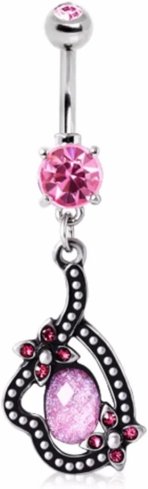 WildKlass Jewelry 316L Surgical Steel Floral Path Dangle Navel Ring with Pink Synthetic Opal and Gems