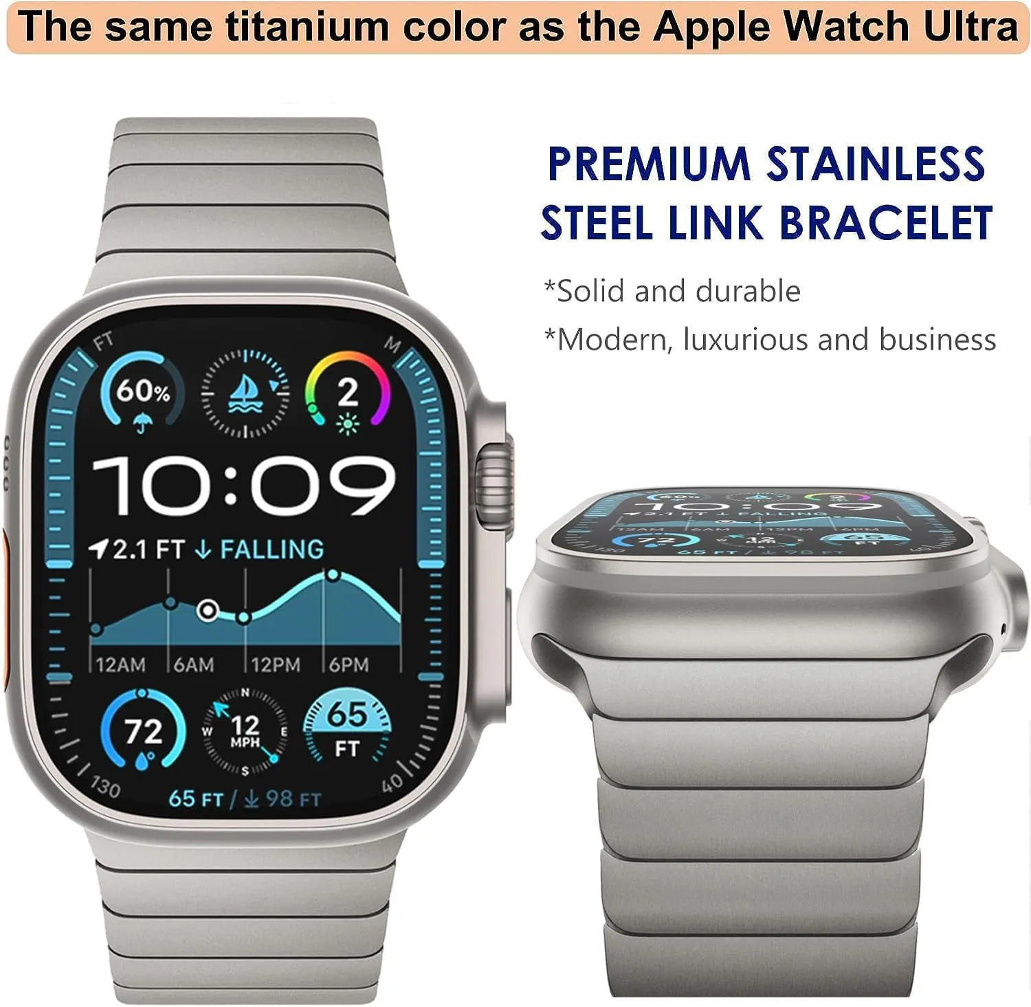 WINGLE Compatible for Apple Watch Band Ultra 2 Band Ultra 49mm 46mm 45mm 44mm 42mm Series 10 9 8 7 for Men, Stainless Steel Metal Bands for Apple iWatch SE Series 6 5 4 3 2 1 Link, Titanium