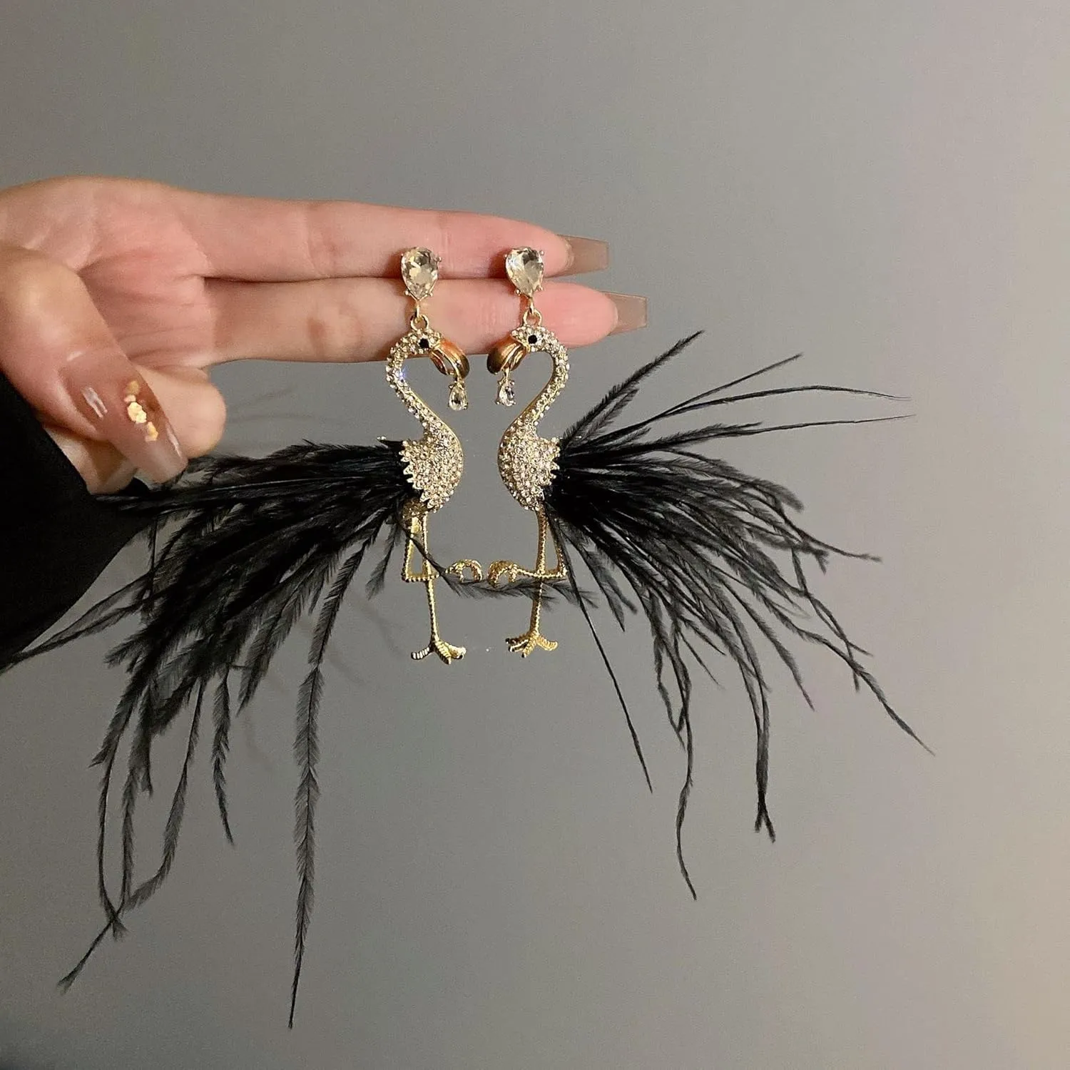 Women Feather Earrings Long Tassel Feather Flamingo Earrings Jewelry for Women Black