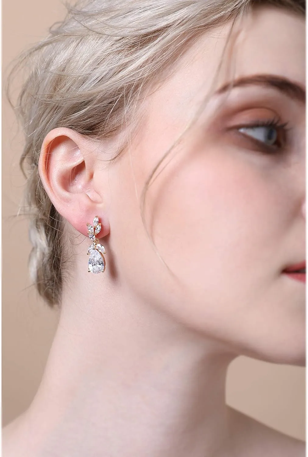 Women's Cubic Zirconia Bridal Earring - Elegant Gold Plated Teardrop Cluster Floral Leaf CZ Crystal Rhinestone Wedding Earring for Bride