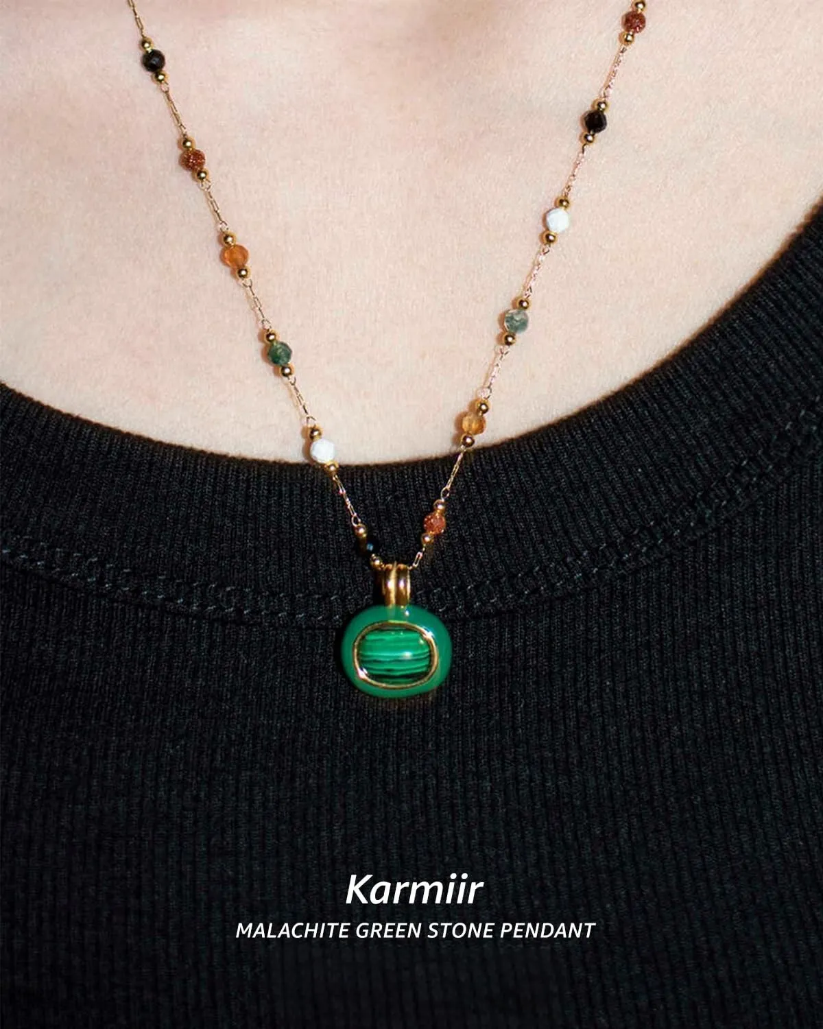 Women's Pendant Necklace Beaded Natural Stones with Malachite/White Shell Pendant -18K Gold-Plated Non-tarnish Necklace 18"   2 Extension Dainty Jewelry