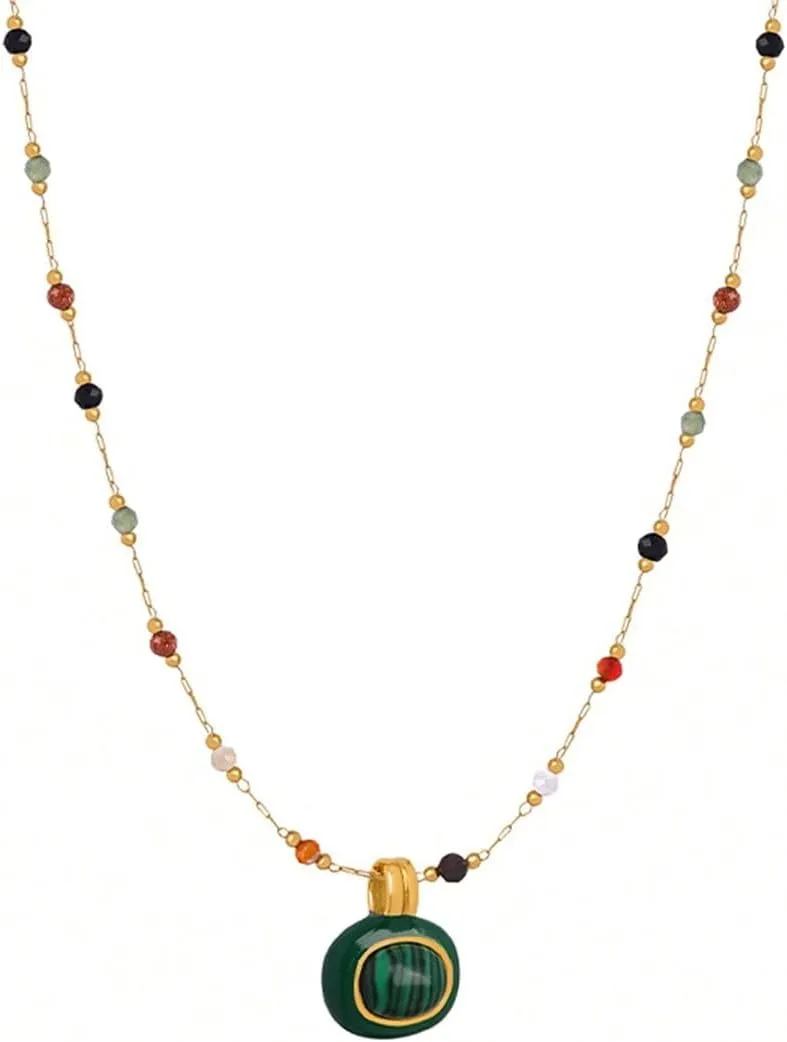 Women's Pendant Necklace Beaded Natural Stones with Malachite/White Shell Pendant -18K Gold-Plated Non-tarnish Necklace 18"   2 Extension Dainty Jewelry