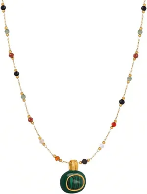 Women's Pendant Necklace Beaded Natural Stones with Malachite/White Shell Pendant -18K Gold-Plated Non-tarnish Necklace 18"   2 Extension Dainty Jewelry