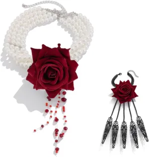 Womens Vampire Dripping Blood Imitation Pearl Necklace Jewelry Set Gothic Bloody Halloween Party Costume Accessores