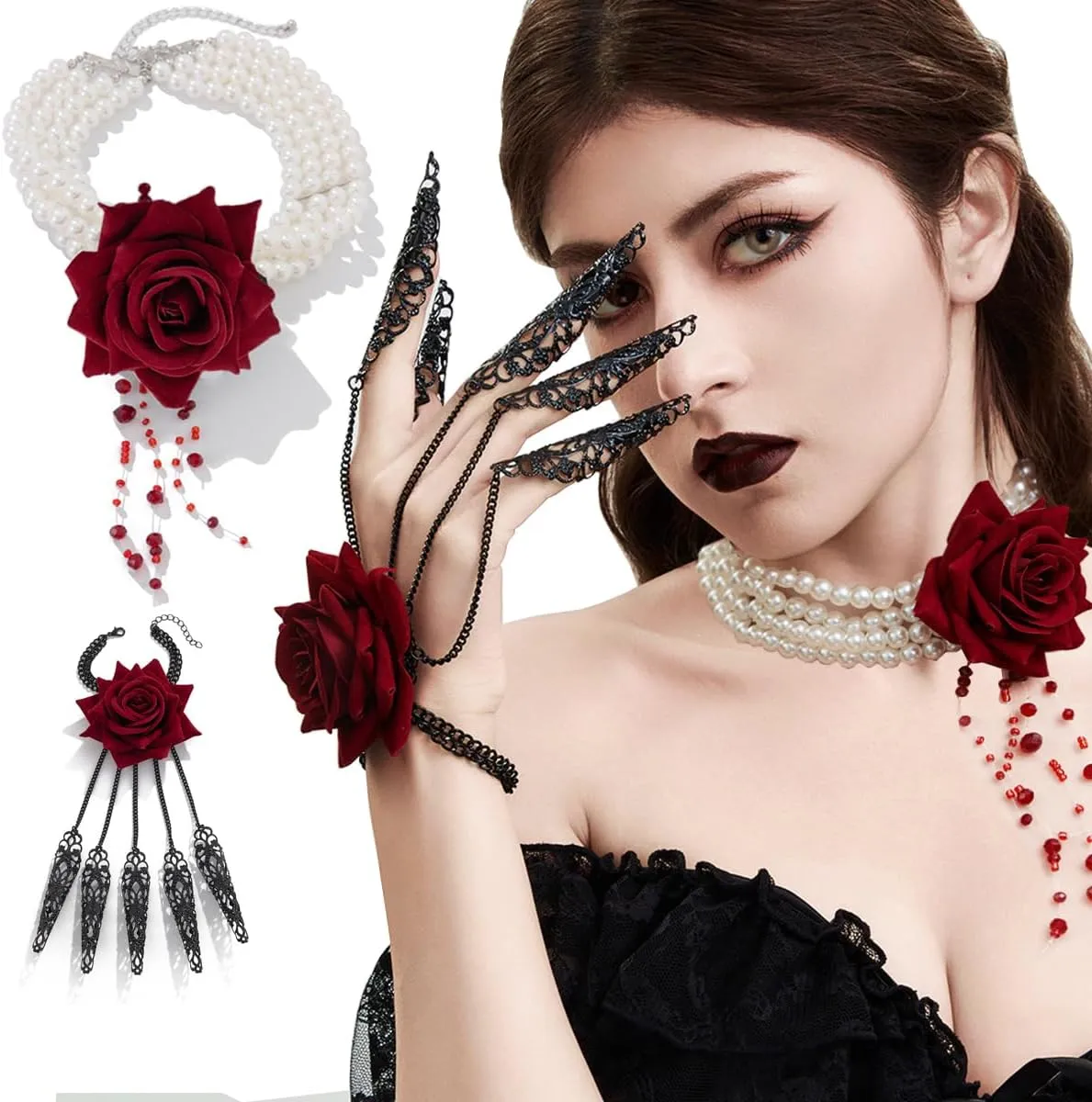 Womens Vampire Dripping Blood Imitation Pearl Necklace Jewelry Set Gothic Bloody Halloween Party Costume Accessores