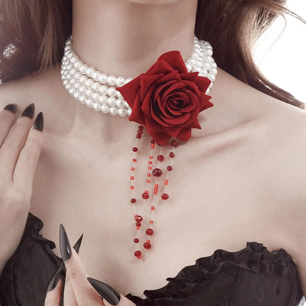 Womens Vampire Dripping Blood Imitation Pearl Necklace Jewelry Set Gothic Bloody Halloween Party Costume Accessores