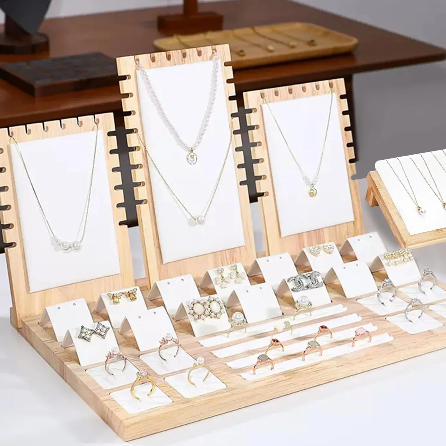 Wooden Jewelry Display Stand Set Pendant Necklace Display Holder Ring Earrings Bracelet Tabletop Storage Organizer Stand Set Combination for Show (White)