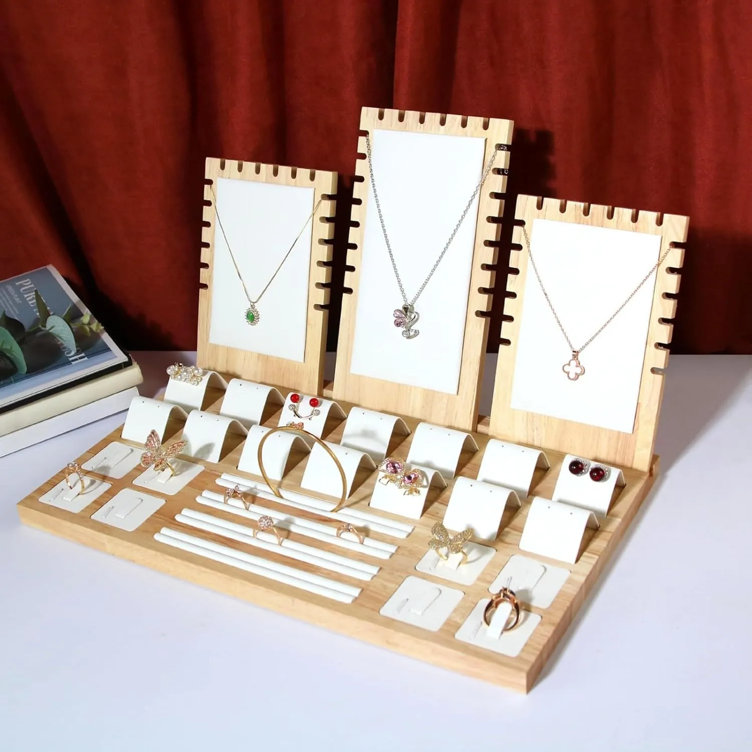 Wooden Jewelry Display Stand Set Pendant Necklace Display Holder Ring Earrings Bracelet Tabletop Storage Organizer Stand Set Combination for Show (White)