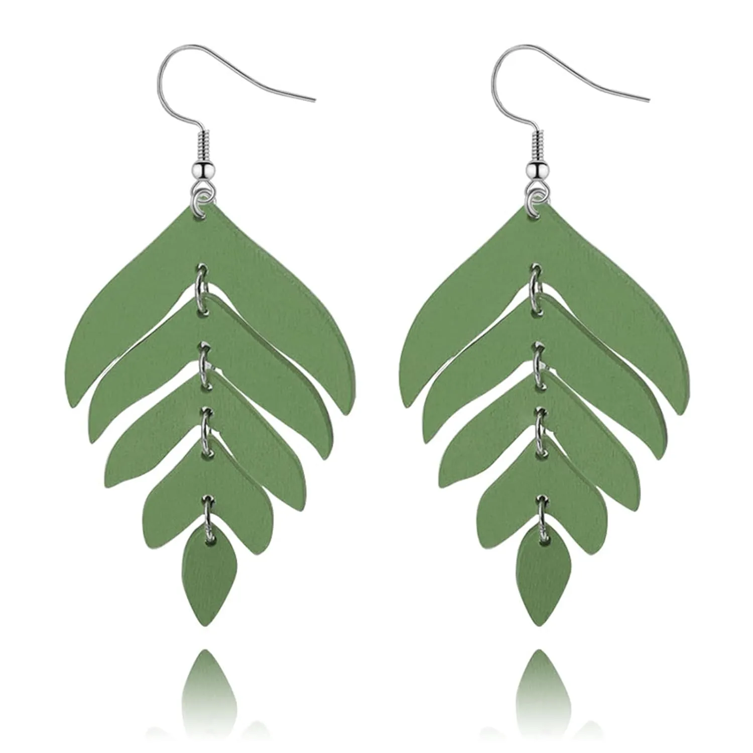 Wooden Leaf Earrings for Women Girls Handmade Bohemian Nature Wood Lightweight Interconnected Chain Tropical Plant Green Leaves Dangle Drop Statement Earrings Jewelry Gifts (Green)