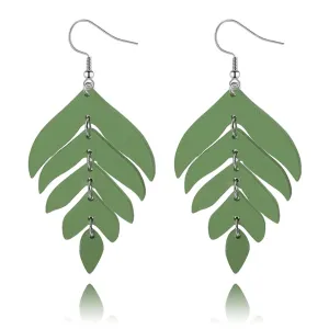 Wooden Leaf Earrings for Women Girls Handmade Bohemian Nature Wood Lightweight Interconnected Chain Tropical Plant Green Leaves Dangle Drop Statement Earrings Jewelry Gifts (Green)
