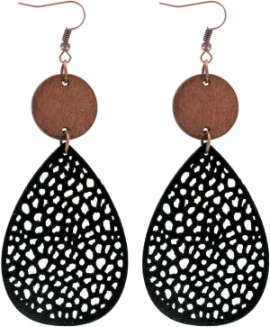 Wooden Leather Earrings Round Geometric Earrings Vintage Hollow Out Circle Earrings Lightweight Statement Jewelry for Women