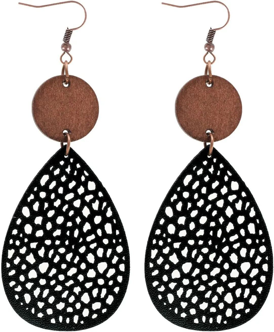 Wooden Leather Earrings Round Geometric Earrings Vintage Hollow Out Circle Earrings Lightweight Statement Jewelry for Women