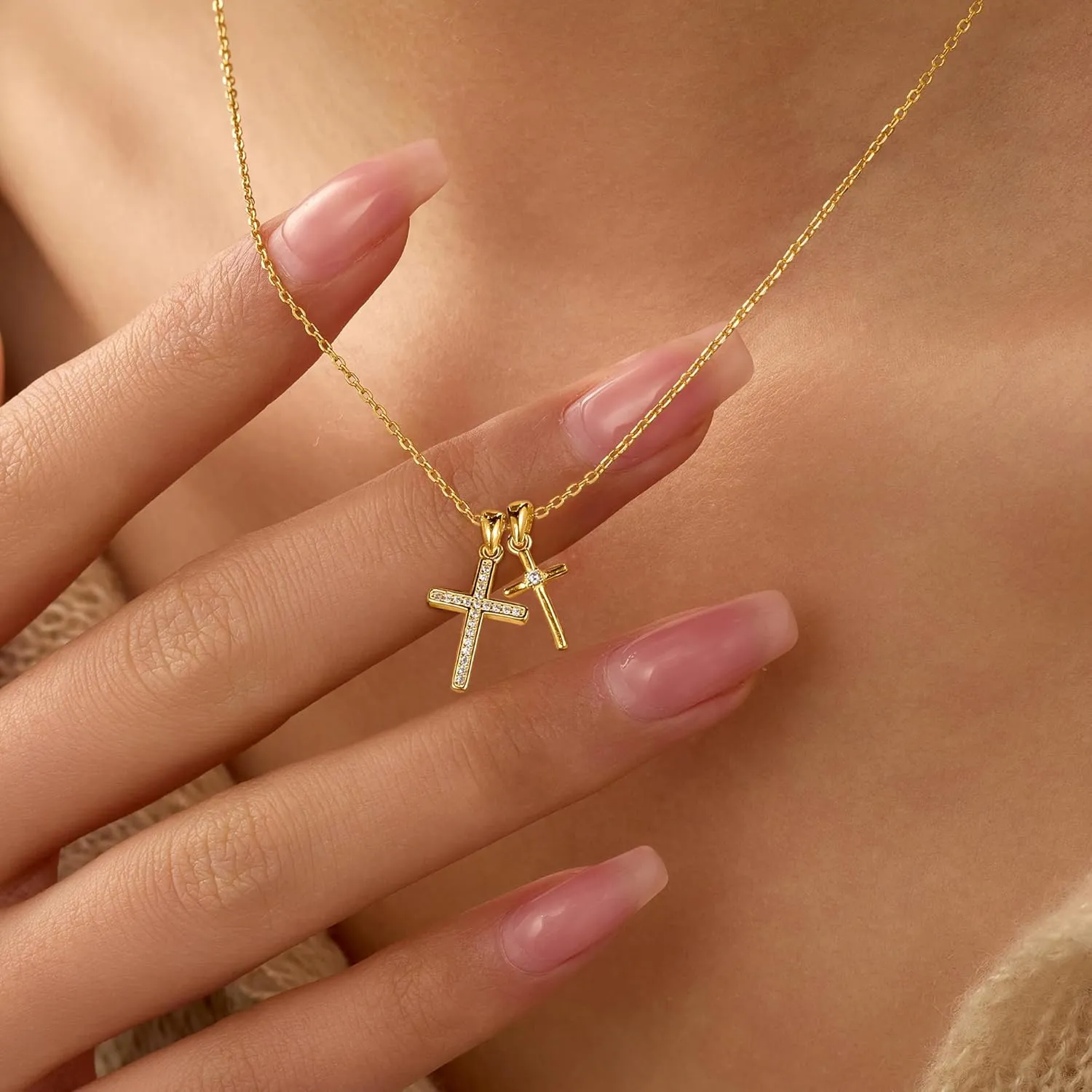 XAYAH 925 Sterling Silver Double Cross Necklace for Women Mother 14K Gold Plated Dainty CZ Cross Pendant Necklaces to Daughter Mom Trendy Faith Christianity Religious Easter Graduation Jewelry for Her