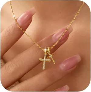 XAYAH 925 Sterling Silver Double Cross Necklace for Women Mother 14K Gold Plated Dainty CZ Cross Pendant Necklaces to Daughter Mom Trendy Faith Christianity Religious Easter Graduation Jewelry for Her