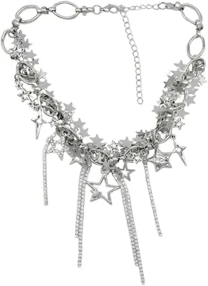 Y2K Lucky Star Pendant Crystal Tassel Chunky Choker Necklace for Women Sparkly Rhinestone Silver Aesthetic Luxury Pentagram Charm Layered Statement Fringe Chain Necklaces Party Prom Wedding Jewelry Gifts