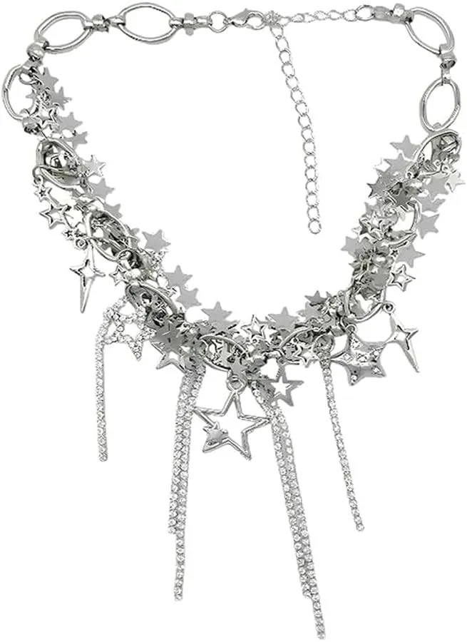 Y2K Lucky Star Pendant Crystal Tassel Chunky Choker Necklace for Women Sparkly Rhinestone Silver Aesthetic Luxury Pentagram Charm Layered Statement Fringe Chain Necklaces Party Prom Wedding Jewelry Gifts
