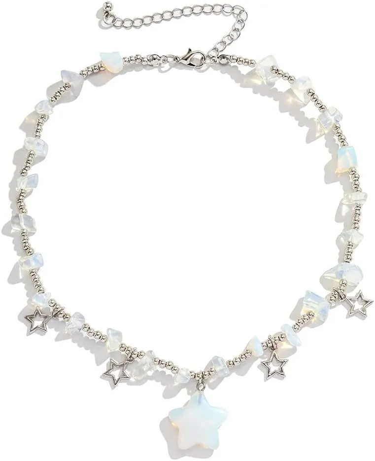Y2K Star Crystal Charms Pendant Choker Necklace Irregular Crystal Stone Trendy Boho Chunky Star Jewelry Accessories