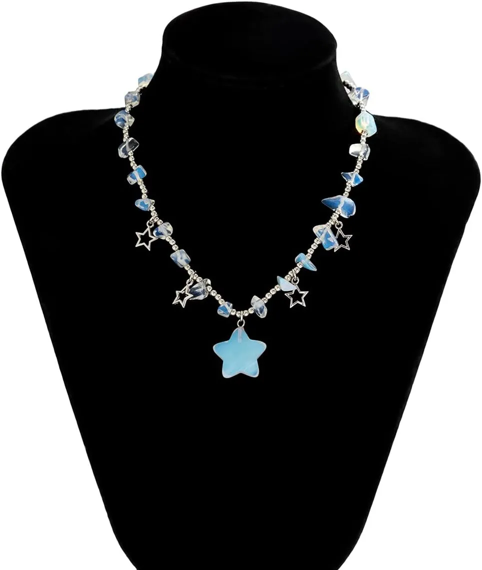 Y2K Star Crystal Charms Pendant Choker Necklace Irregular Crystal Stone Trendy Boho Chunky Star Jewelry Accessories