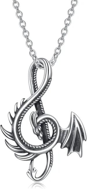 YAFEINI Dragon Necklace 925 Sterling Silver Music Note Aesthetic Pendant Chain Vintage Gift for Men Women Girls Boys