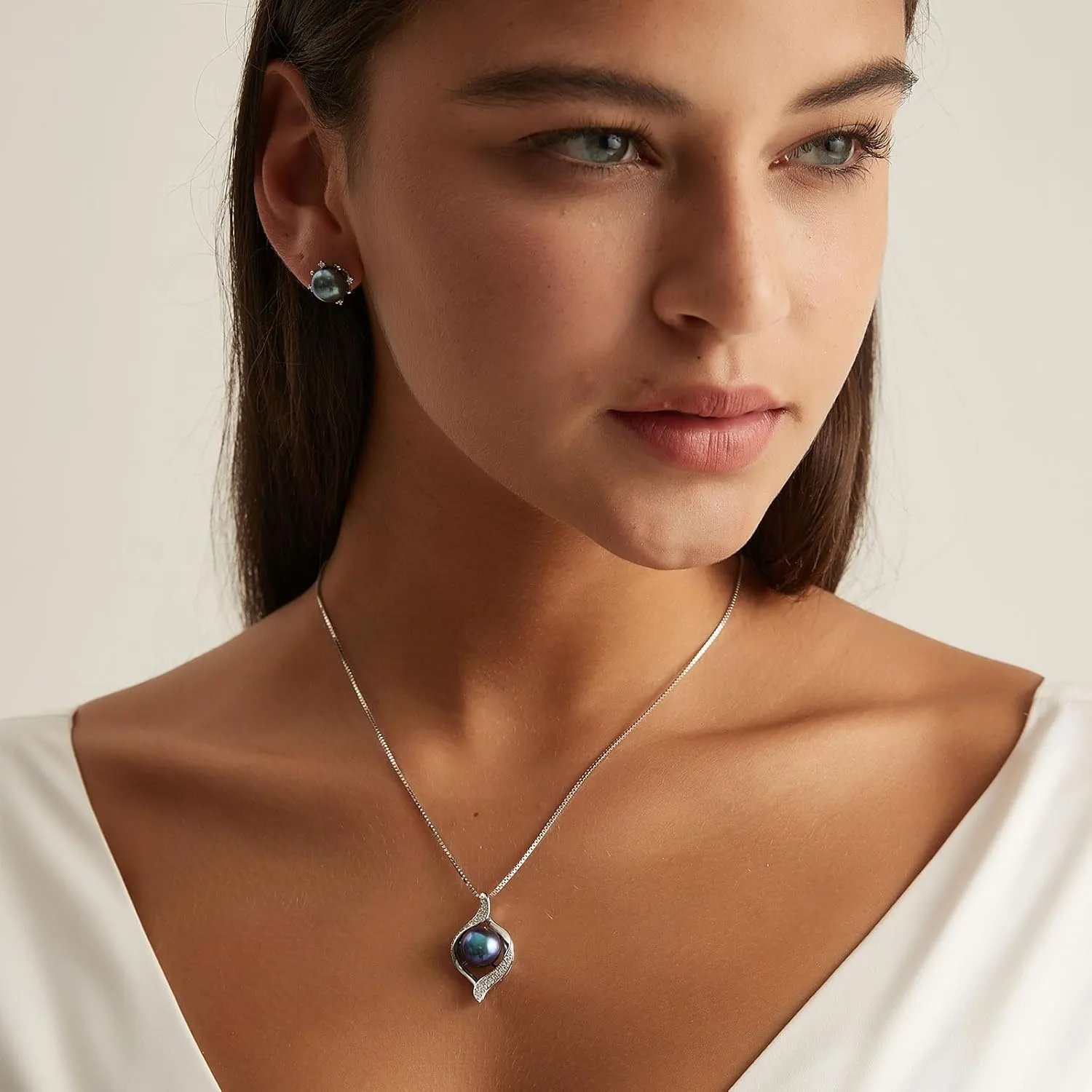 YAMI Pearl Necklace and Earring Set for Women, 925 Sterling Silver 10MM Cultured Pearls Pendant Necklace Pearl Stud Earrings Jewelry Set, 18Inch 2" Box Chain, Gifts for Mother Wife Her